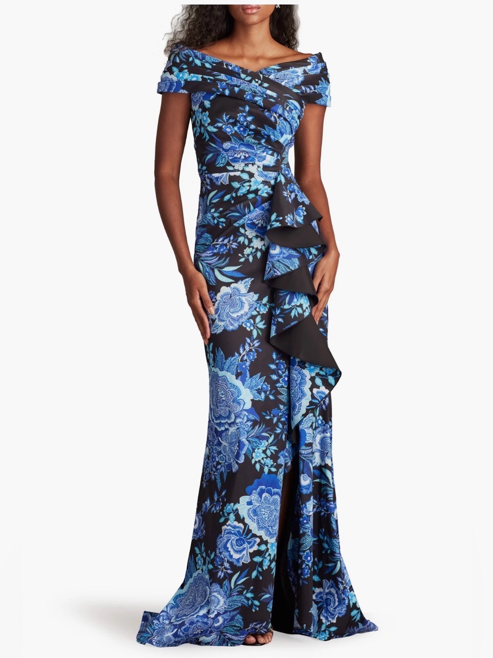 Tadashi Shoji Black Blue Floral Ruffle Off the Shoulder Gown Size:S $518